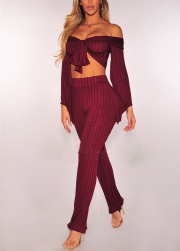 

Women Two Piece Set Ribbed Crop Top Pants Bandeau Tie High Waist Suits