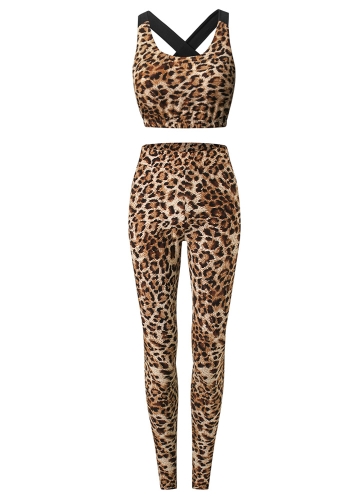 

Women Leopard Print 2-Piece Set Padding Sleeveless Crop Top High Waist Leggings