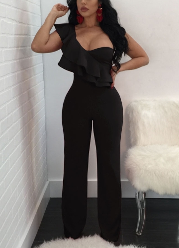 

Women Double Ruffles Sleeveless Jumpsuit One Shoulder Wide Leg Rompers