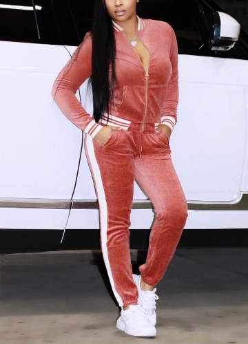 

Women Velvet Two-Piece Blouse Pants Stripes Zipper Sport Top Trousers