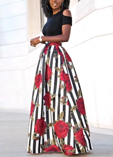

Women Long Skirt Set Striped Floral Print T-shirt Flared Dress Two Pieces