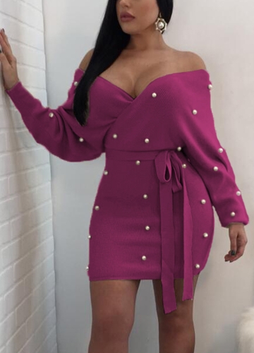 

Women Sexy Off Shoulder Backless Dress Pearl Beading Elegant Bodycon Party Dress Clubwear