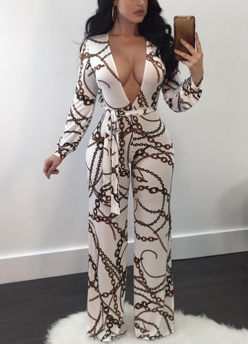 

Vintage Print Deep V Long Sleeve Wide Leg Pants Bandage Playsuit Rompers