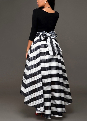 

Women Two Piece Set T-shirt Three Quarter Sleeve Striped High Low Hem Bow Midi Skirt Suits OL Outfits Black