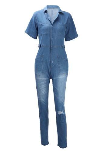 

Denim Rip Washed Short Sleeve Slim PJumpsuit
