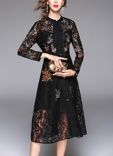 

Женщины Элегантное платье кружева галстук с длинным рукавом Vintage Party Dress