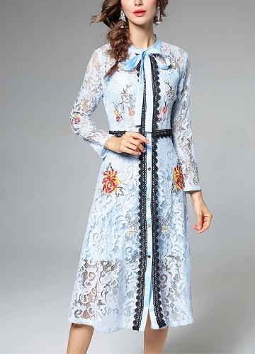 

Women Elegant Lace Dress Tie Neck Long Sleeve Vintage Party Dress
