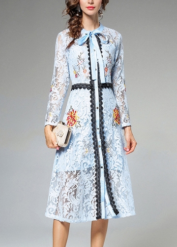 

Женщины Элегантное платье кружева галстук с длинным рукавом Vintage Party Dress