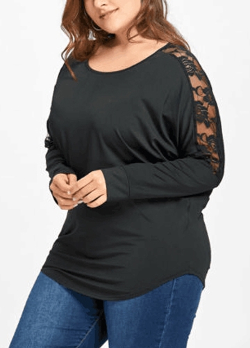 

Women T-Shirt Round Neck Long Sleeves Lace Irregular Solid Tee Shirt Tops