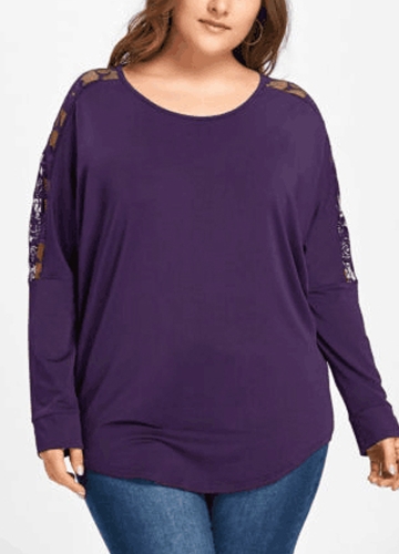

Women T-Shirt Round Neck Long Sleeves Lace Irregular Solid Tee Shirt Tops