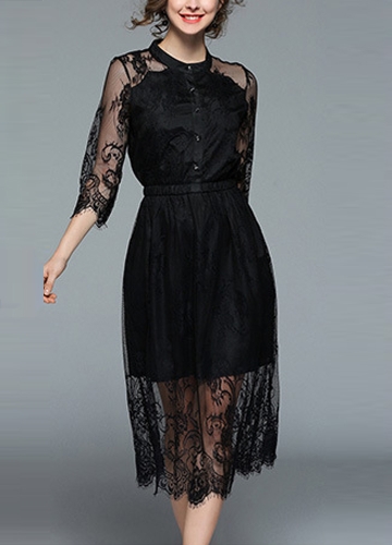 

Кружева Splice Half Sleeves Эластичная талия Button Party Midi Dress