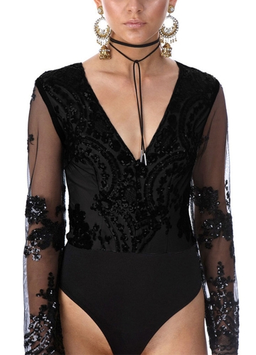 

Women Bodysuit Sequined Jumpsuit Playsuit Rompers Black/Gold