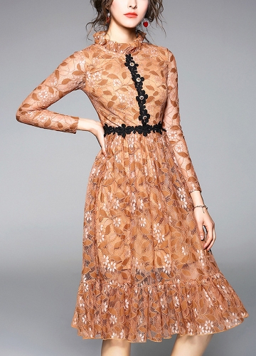 

Women Dress Print Stand Collar Long Sleeve Ruffle Lace Dress