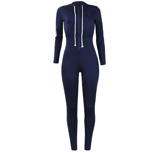 

Sexy Women One Piece Outfit Jumpsuit Long Sleeve Bodycon Front Zipper Hooded Long Pants Rompers Playsuit Blue