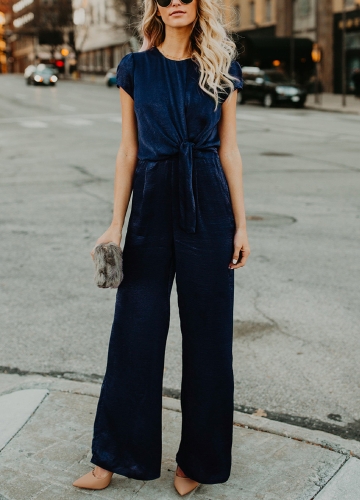 

Velvet Wide Leg Tied Bow Side Cap Sleeves Jumpsuit