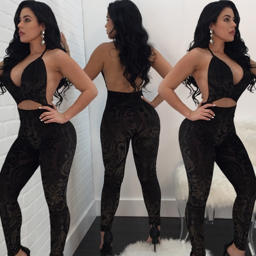 

Sexy Women Jacquard Backless Jumpsuit Deep V Neck Hollow Out Skinny Clubwear Overalls Black