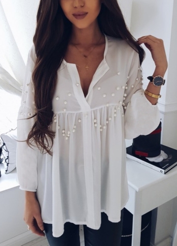 

Pearls Beading Chiffon Long Sleeve V Neck Elegant Blouse
