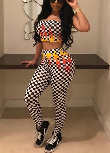 

Women Plaid Print Two-Piece Set Crop Top Skinny Pants Leggings Suits