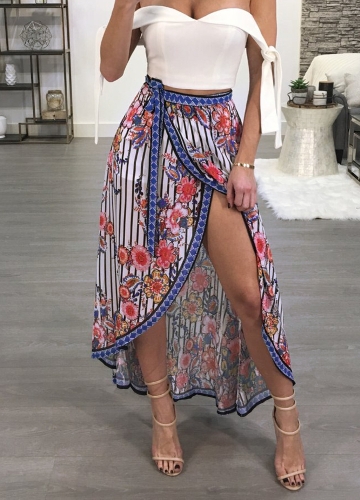 

Women Floral Skirt Open Front Side Tie High Waist Asymmetric Beach Skirt