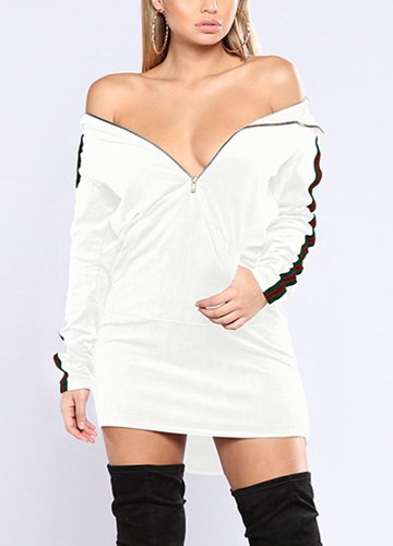 Hooded Front Pocket Side Stripes Asymmetrical Hem Mini Dress