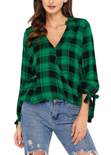 

Women Casual Plaid Shirt Checked Print Bandage Loose Blouse Tops