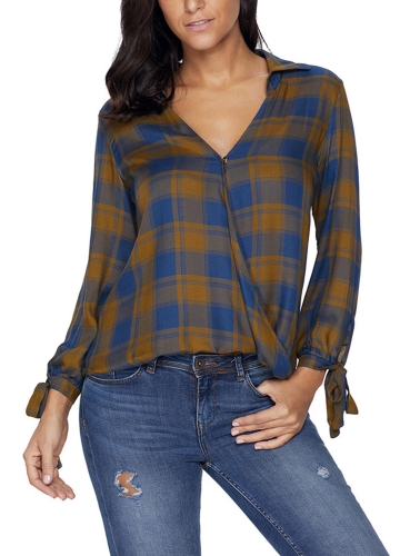 

Women Casual Plaid Shirt Checked Print Bandage Loose Blouse Tops