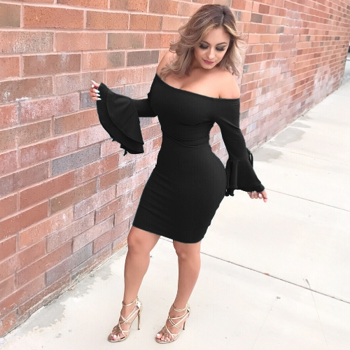 Women Dress Off Shoulder Flare Sleeve Ruffle Tie Solid Color Bodycon Pencil Mini Sex Party Wear huismerk kopen in de aanbieding Women Dress Off Shoulder Flare Sleeve Ruffle Tie Solid Color Bodycon Pencil Mini Sex Party Wear huismerk kopen in de aanbieding