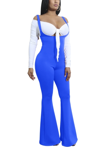 

Solid Suspender Strap Sleeveless Open Back Wide Flared Legs Jumpsuit