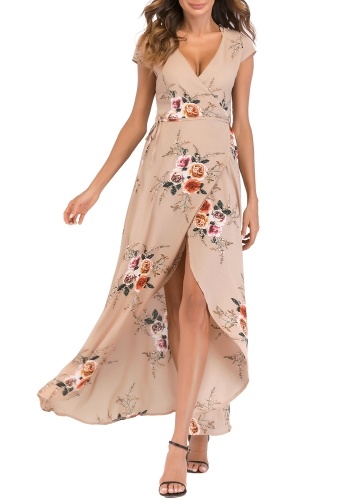 

Women Floral Print Dress Wraparound V Neck High Waist Swing Maxi Dress