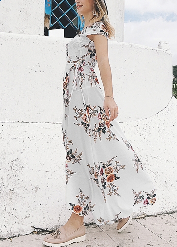 

Women Floral Print Dress Wraparound V Neck High Waist Swing Maxi Dress