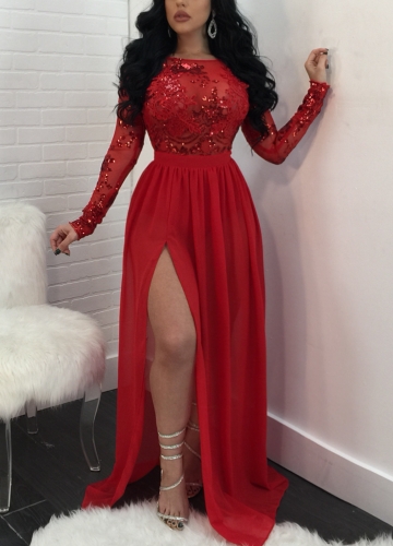 

Sequin Sheer Mesh Split Backless Long Sleeve Maxi Dress