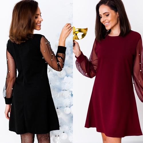 Abito donna autunno Perla Perline Maglia Collo a barca Manica lunga Una linea Elegante Abito nero / rosso