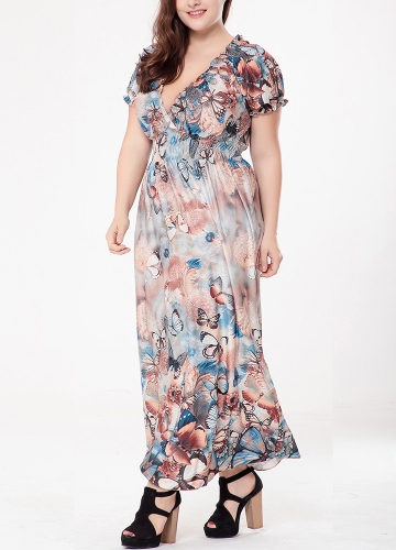 

Women Plus Size Bohemian Long Dress V Neck Short Sleeve Butterfly Beach Maxi Dress