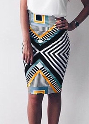 Gonna longuette slim aderente con scollo a V Slim elegante con stampa geometrica a vita alta