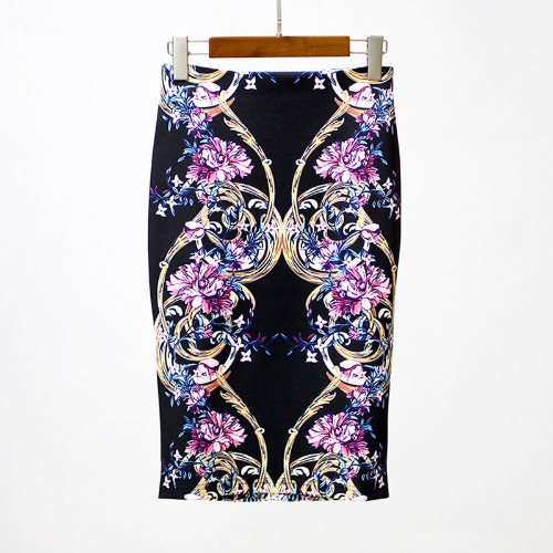

Vintage Print High Waist Split Slim Элегантный ретро OL Bodycon Midi Юбка