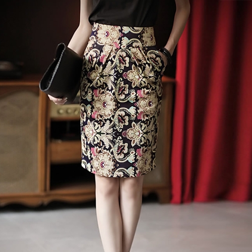 

Vintage Print High Waist Split Slim Elegant Retro OL Bodycon Midi Skirt