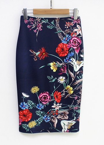 Gonna longuette slim aderente con scollo a V a vita alta con stampa floreale vintage a vita alta