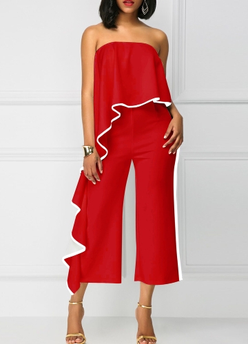 

Sexy Women Off Shoulder Jumpsuit Contrast Trim Strapless Backless Wide Leg Playsuit Rompers Red/White