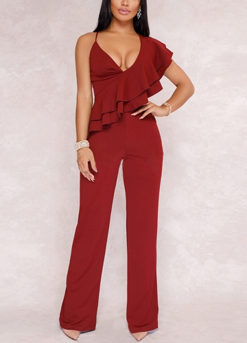 

Ruffle Jumpsuit One Shoulder Strap Backless Wide Leg Playsuit Rompers