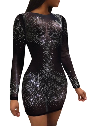 

Женщины Sexy Sheer Mesh Mini Dress Rhinestone O-Neck с длинным рукавом Slim Vestidos Bodycon Dress Club Dress