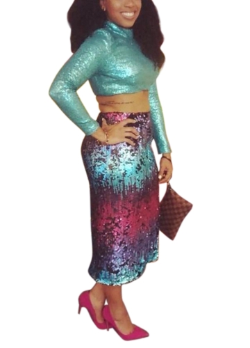 

Sequined Crop Top Skirt Long Sleeves Slim Two Piece