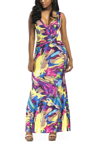 

Women Maxi Dress Contrast Color Block Slim Bodycon Elegant Long Dress