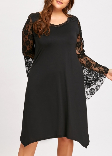 

Women Lace Dress Flare Sleeve O-Neck Asymmetric Sexy Loose Party Dress