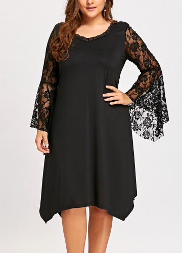 

Женское кружевное платье Flare Sleeve O-Neck Asymmetric Sexy Loose Party Dress
