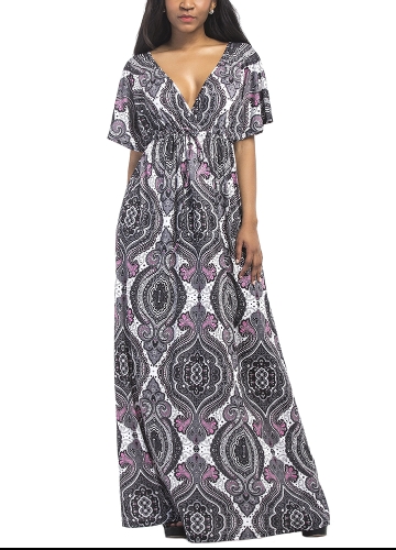 

Vintage Women Plus Size Maxi Dress Geometric Print Plunge V-Neck Short Sleeves Bohemian Long Dresses