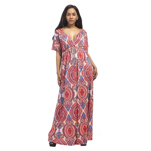 

Plus Size Geometric Print Plunge V-Neck Short Sleeves Bohemian Maxi Dress