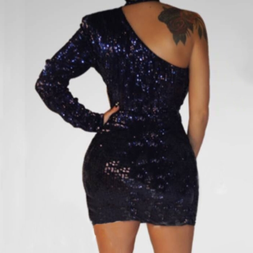 

Сексуальное женское платье Sequin одно плечо платье Blingbling висячие шеи одного рукава плеча мини платье