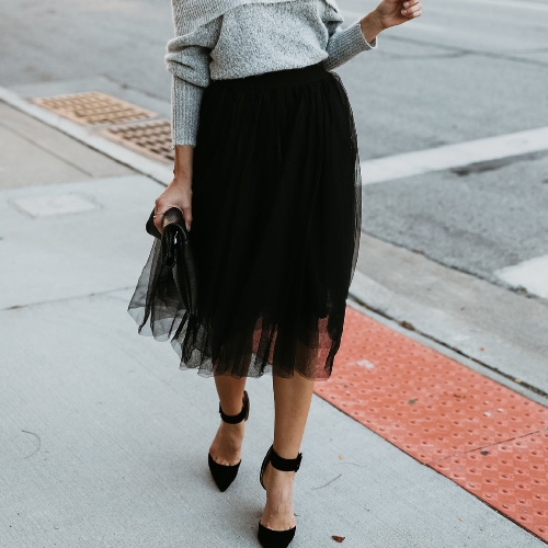 

Women Mesh Tulle Skirt Elastic Waist Solid Color Pleated Midi Prom Skirt