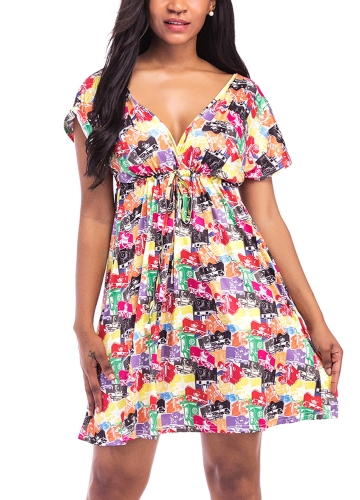 

Women Plus Size Print Mini Dress Summer Beach Pleated Dress