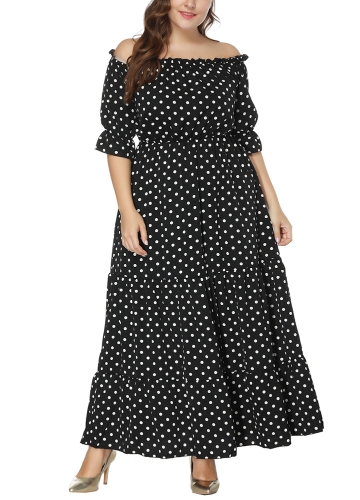 

Женщины Плюс Размер Платье Polka Dot Печать Половинные рукава Эластичные талии Бохо Макси Длинные платья